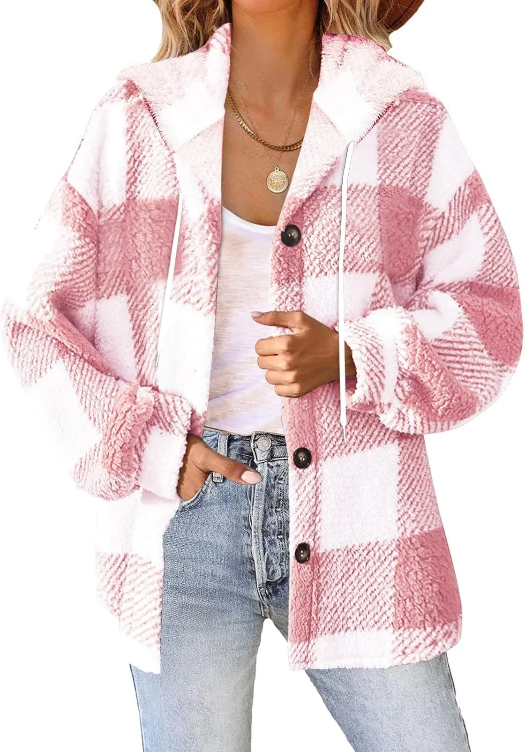 Fall Jackets for Women 2024 Plaid Shirts Casual Hoodie Jackets Long Sleeve Button Down Loose Fit Warm Winter Coats