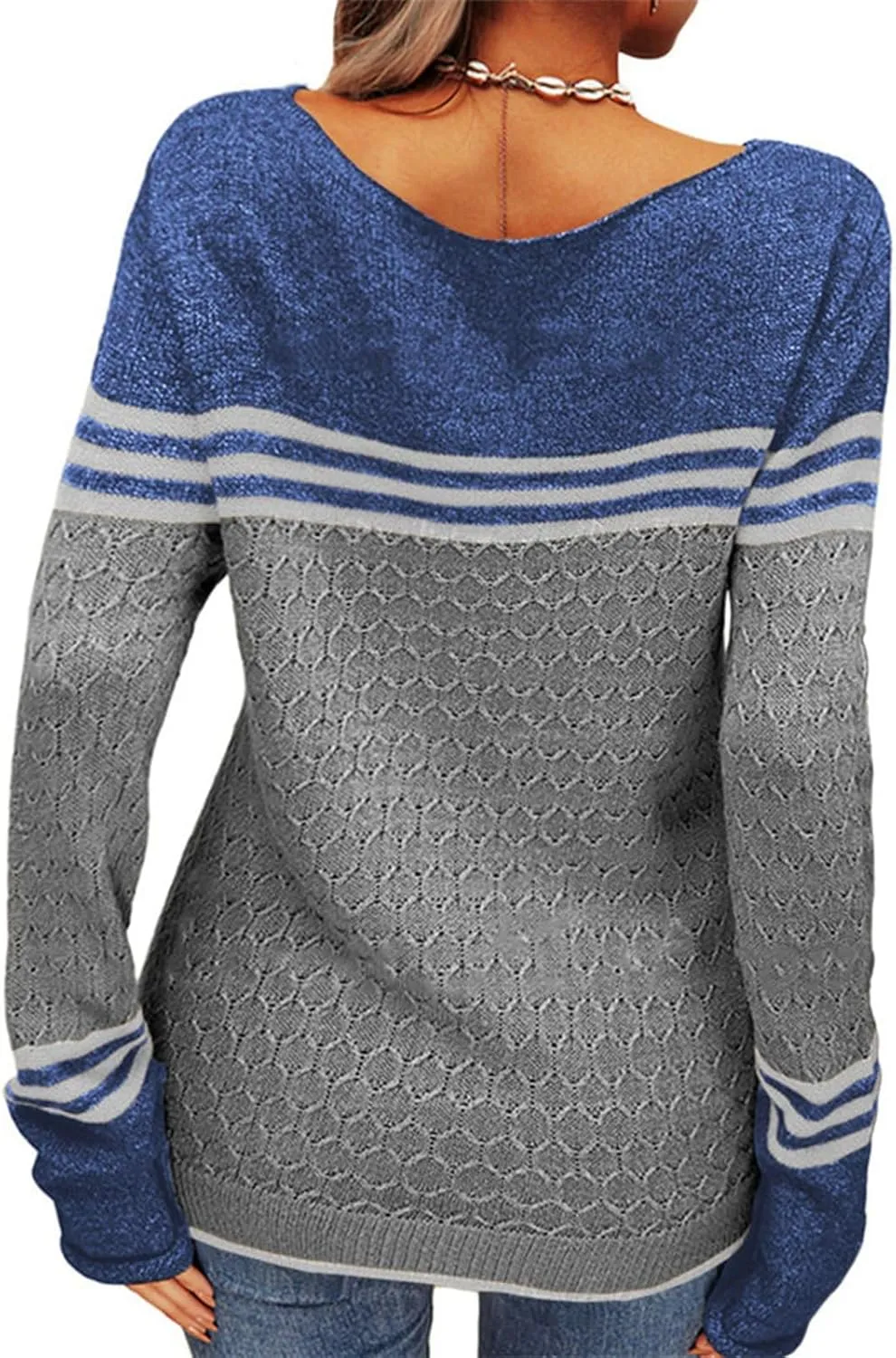 Fall Sweaters for Women Trendy Casual Long Sleeve Color Block Round Neck Striped Slim Fit Pullover Jumper Tops