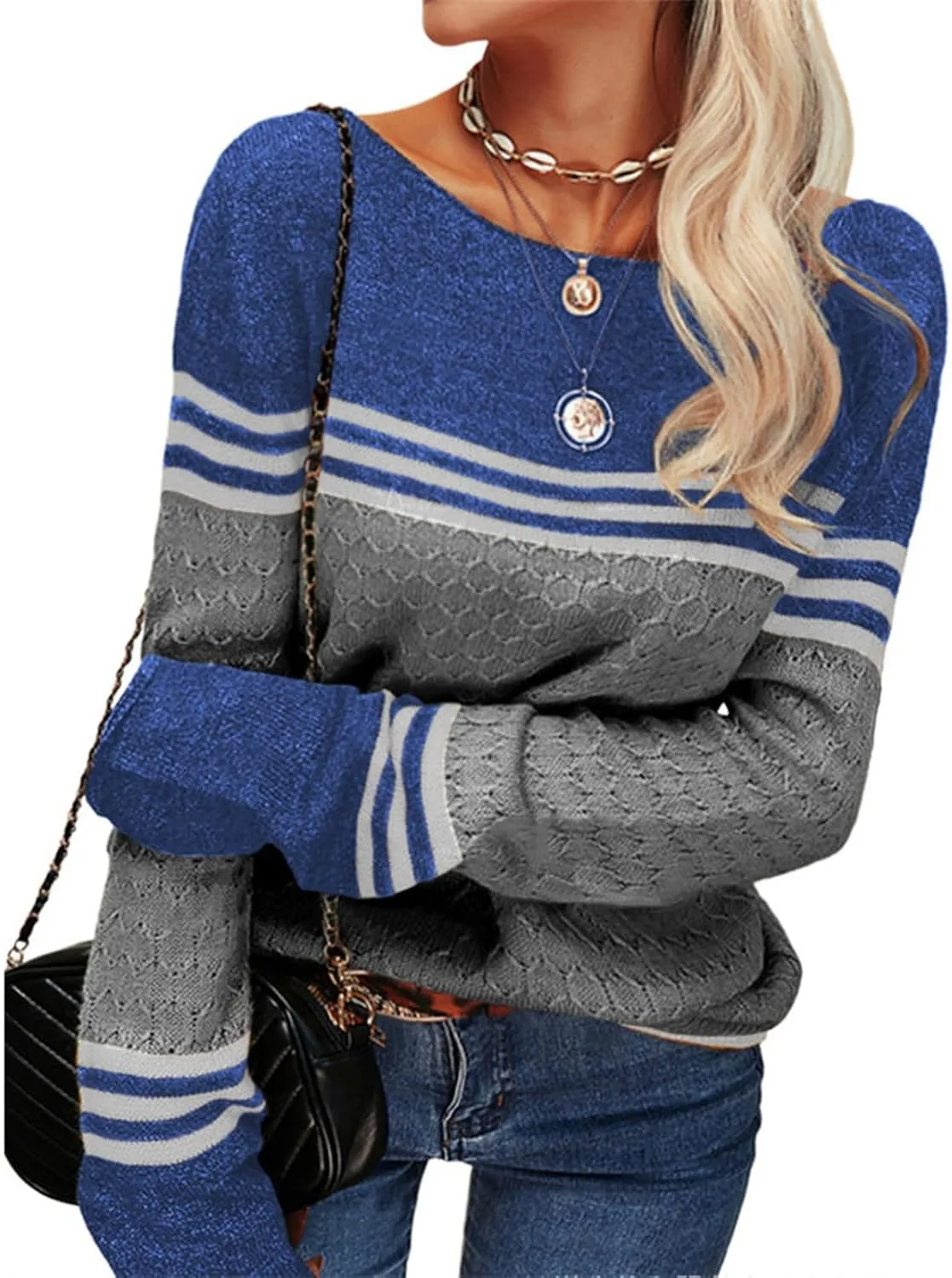 Fall Sweaters for Women Trendy Casual Long Sleeve Color Block Round Neck Striped Slim Fit Pullover Jumper Tops