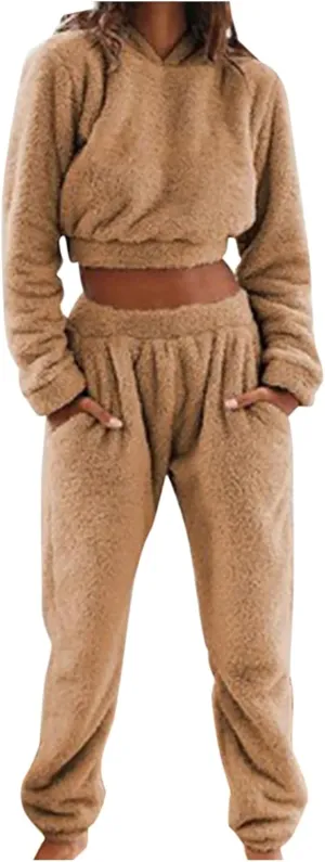 Fall Winter Outfits for Women 2 Piece Home Lounge Wear Sets Clothes Flannel Coral Velvet Pajama Tops and Pants