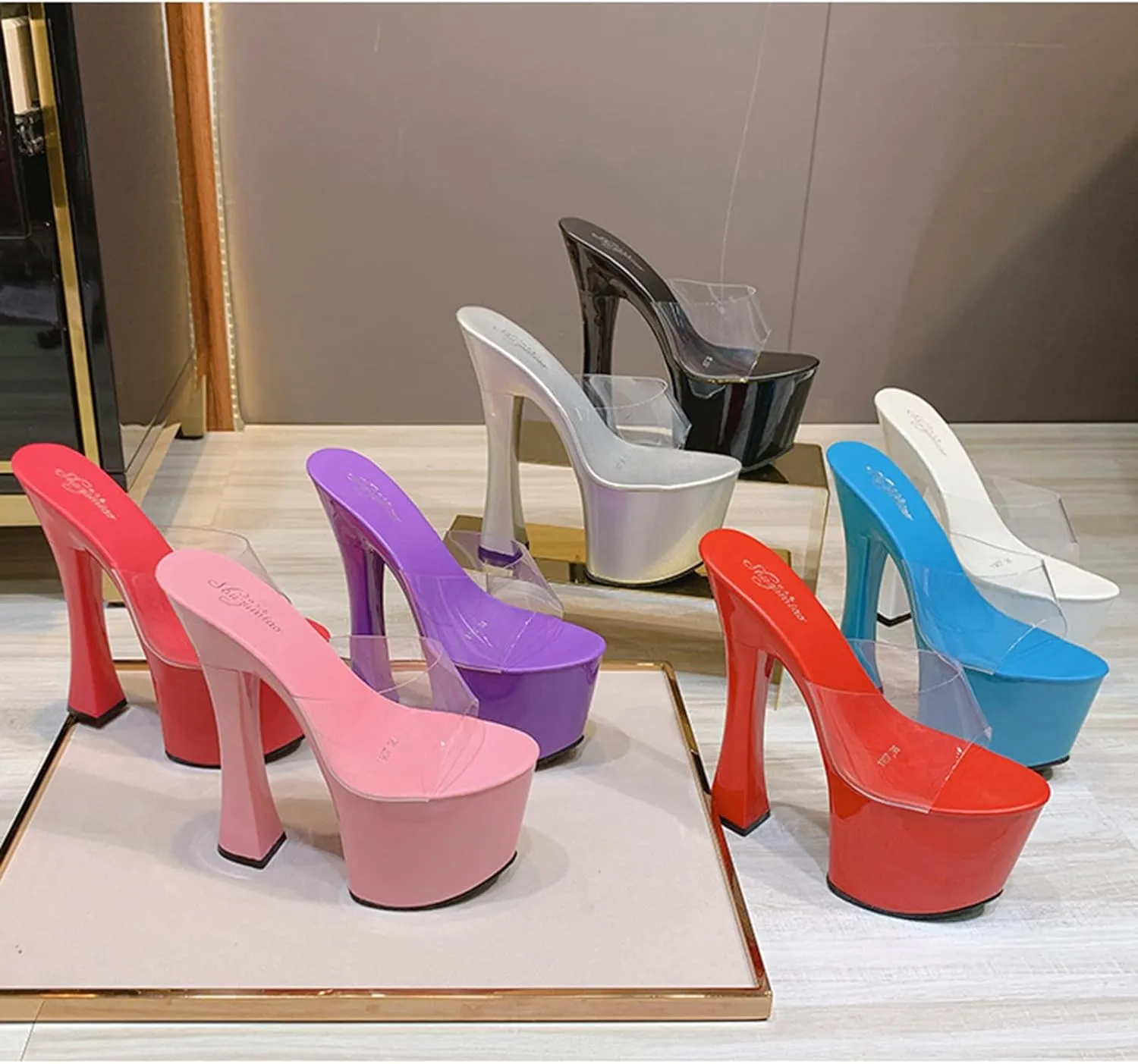 F&A LOVING Women's Platform Dress Sandal Slip On Slides 6.9in Chunky Heels Party Dancing Club Ballroom