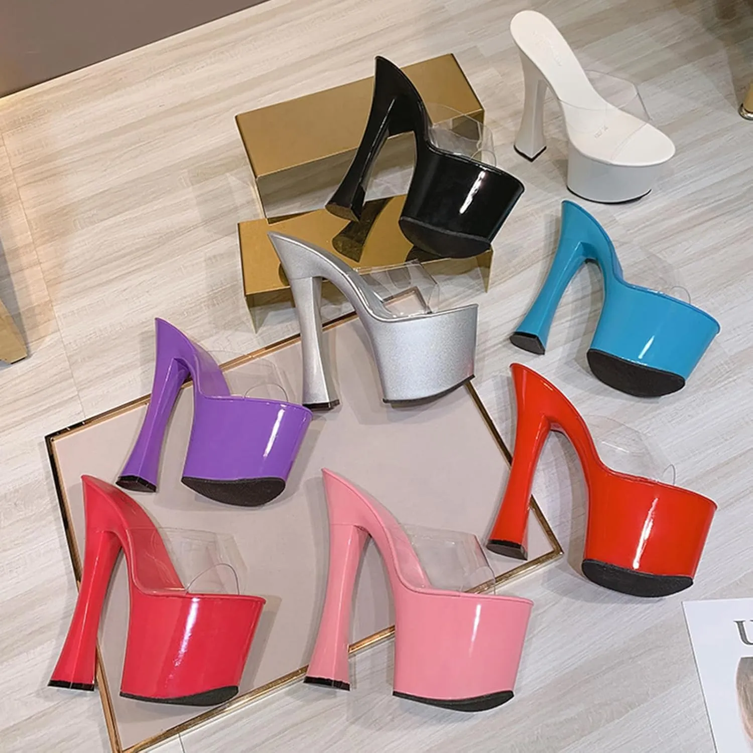 F&A LOVING Women's Platform Dress Sandal Slip On Slides 6.9in Chunky Heels Party Dancing Club Ballroom
