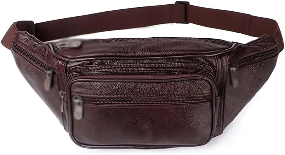 Fanny Pack Genuine Leather Waist Bag Men Waist Pack Waist Bag Funny Pack Belt Bag Men Chain Waist Bag for Phone Pouch (Brown)
