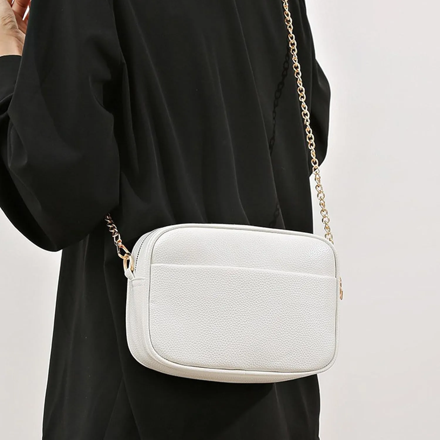 Fashion Simple Shoulder Bag Textured Leather Crossbody Small Square Bag over The Shoulder Bags for Women (White, 22CM) women's shoulder handbags