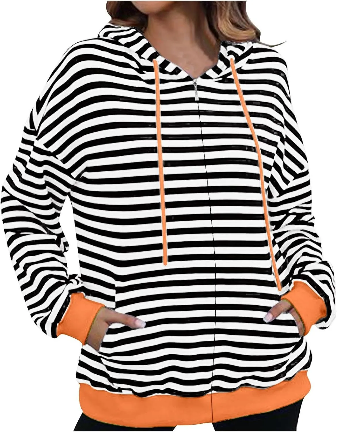 Fleece Jacket Women Color Block Striped Winter Coats Long Sleeve Zip up Jackets Casual Hooded Coat Pockets Outdoor