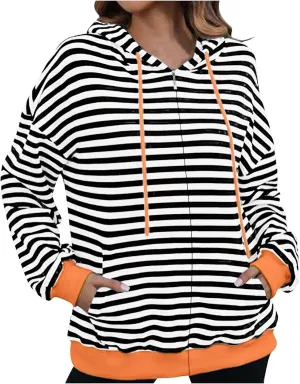Fleece Jacket Women Color Block Striped Winter Coats Long Sleeve Zip up Jackets Casual Hooded Coat Pockets Outdoor