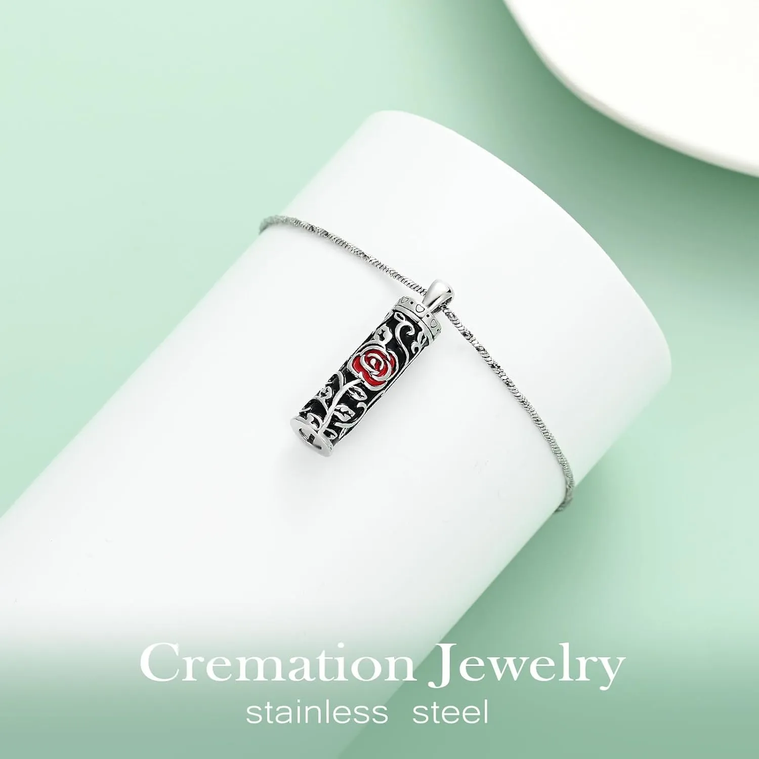 Flower Celtic Cremation Jewelry Necklace Roseflower Cylinder Bar Urn Necklace for Ashes Urn Pendant Necklace Keepsake Memorial Lockets for Ashes for Women Men