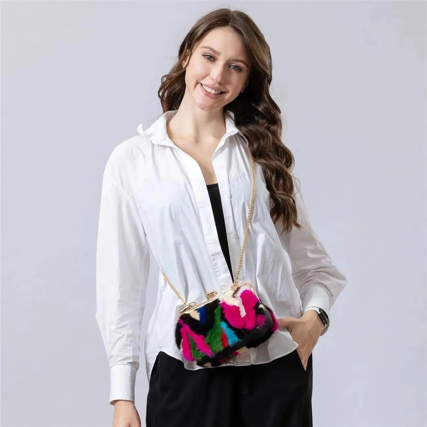 Fluffy Bag Handbag for Women Purses Beautiful Fashion for Party Wedding Clutch Crossbody Bag(Light Brown)