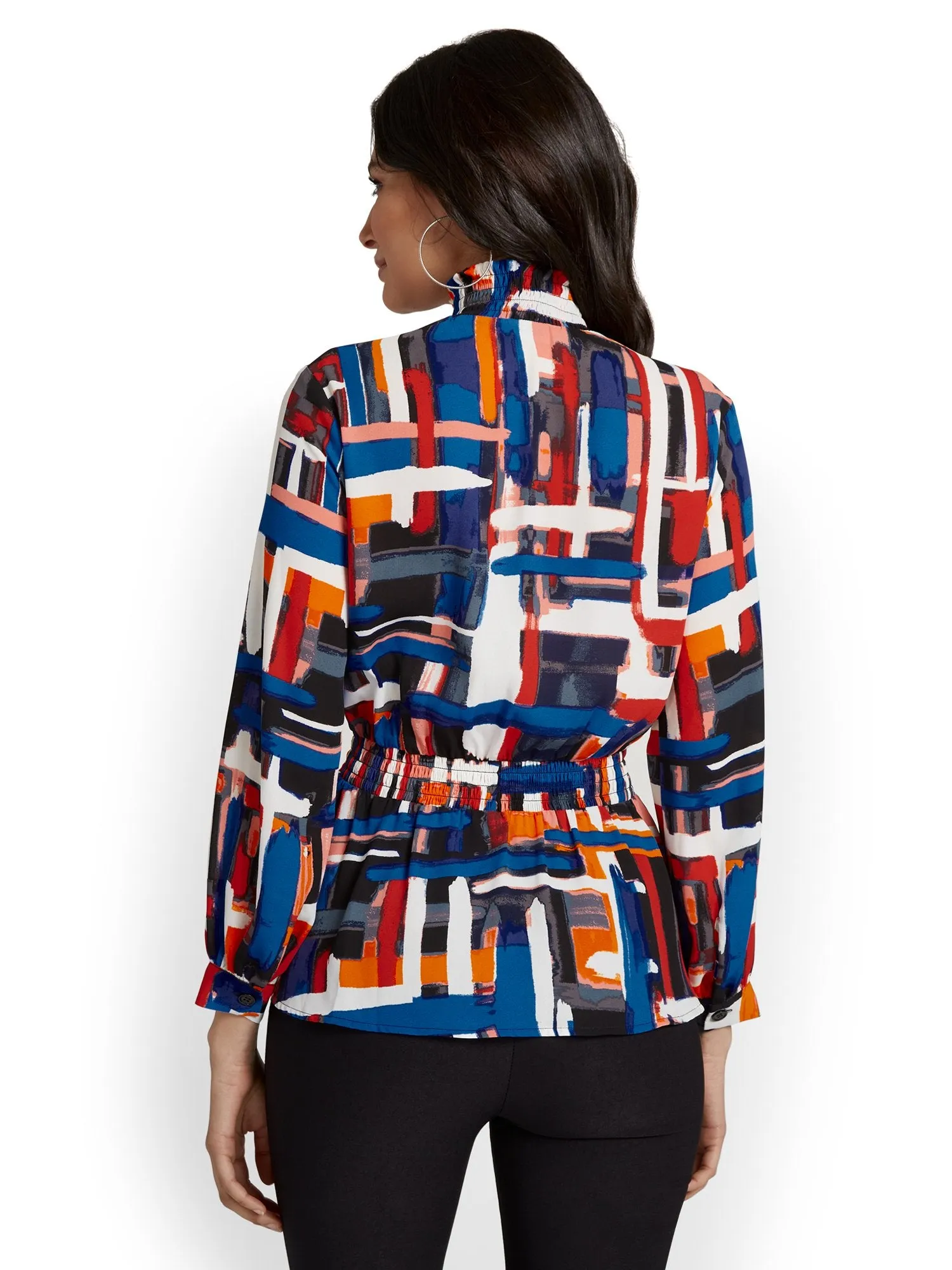 Geometric-Print Mock-Neck Button-Front Blouse