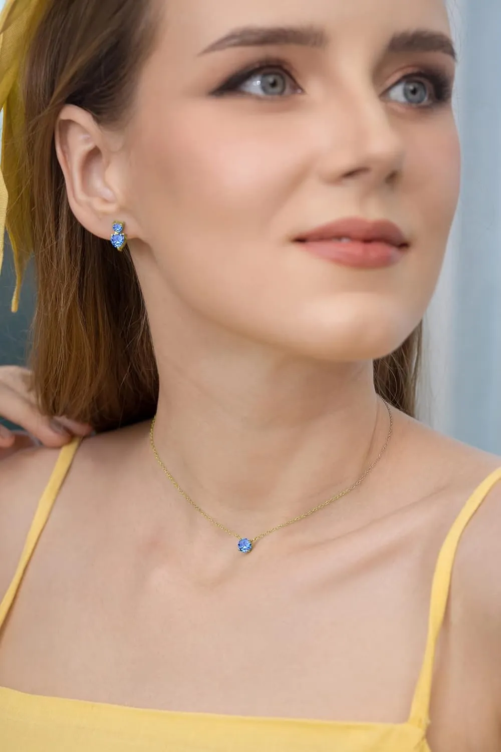 Gold Birthstone Crystal Necklaces - 6mm Round Solitaire, Dainty & Short Layered Choker Necklaces for Women, 15 In   Extender