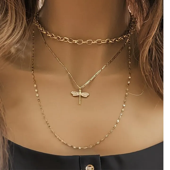 Gold Dragonfly Layered Necklace Set (Medium 18 inch-20 inch-22 inch)