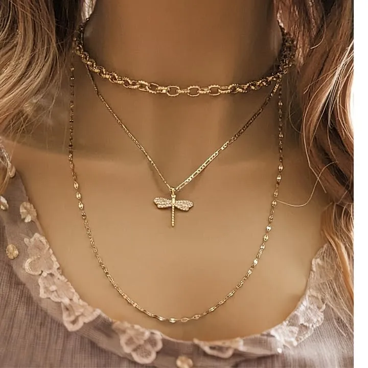 Gold Dragonfly Layered Necklace Set (Medium 18 inch-20 inch-22 inch)