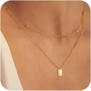 Gold Layered Initial Necklaces for Women, 18k Gold Plated Letter Pendant Necklace Stack Gold Choker Chain Jewelry Set Layering Personalized Tag Necklaces for Women Trendy