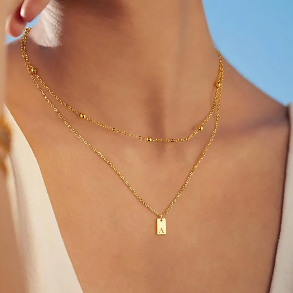 Gold Layered Initial Necklaces for Women, 18k Gold Plated Letter Pendant Necklace Stack Gold Choker Chain Jewelry Set Layering Personalized Tag Necklaces for Women Trendy