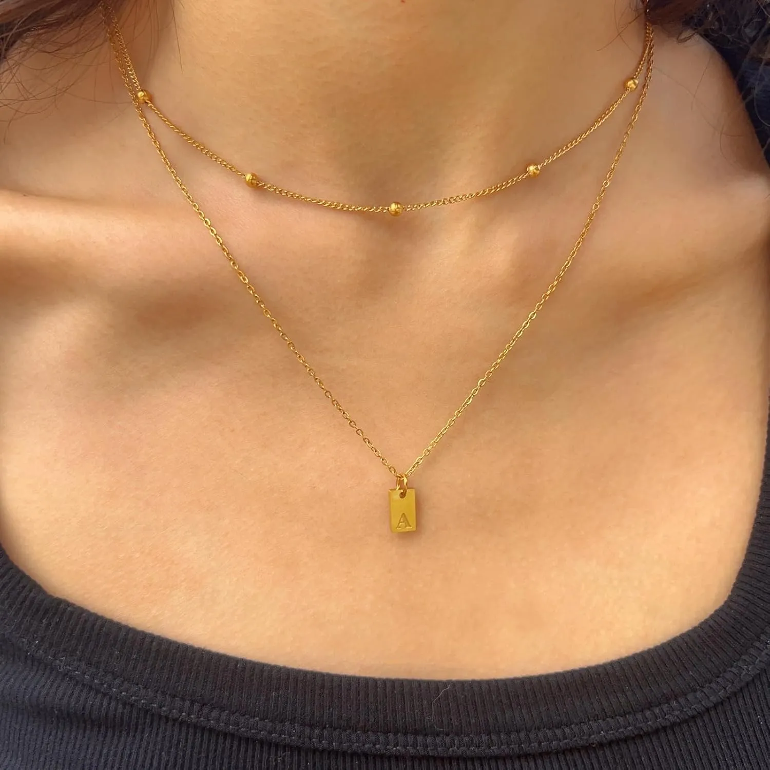 Gold Layered Initial Necklaces for Women, 18k Gold Plated Letter Pendant Necklace Stack Gold Choker Chain Jewelry Set Layering Personalized Tag Necklaces for Women Trendy