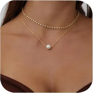 Gold Layered Pearl Necklaces for Women Trendy Adjustable Wedding Gifts Dainty Rhinestone Layered Necklaces for Prom Minimalist Jewelry