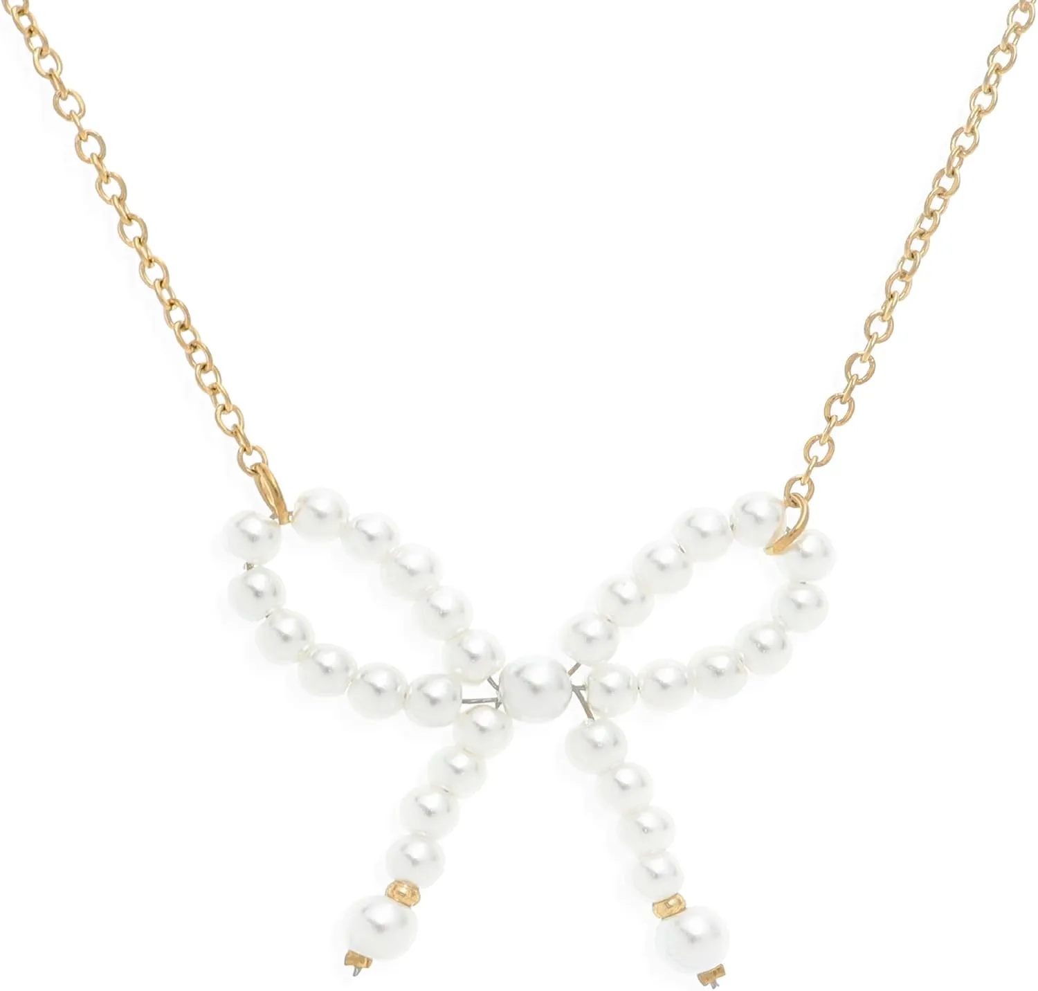 Gold Link Chain Pendant Necklaces for Women, Trendy Pearl Bow Handmade Adjustable Necklaces Prom Holiday Jewelry Gift.