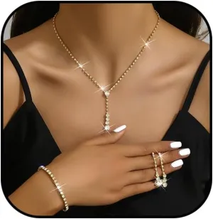 Gold Prom Jewelry Sparkly Silver Jewelry Set for Prom Rhinestone Necklace Earrings Bracelet Bridal Wedding Prom Costume Jewelry Sets for Women
