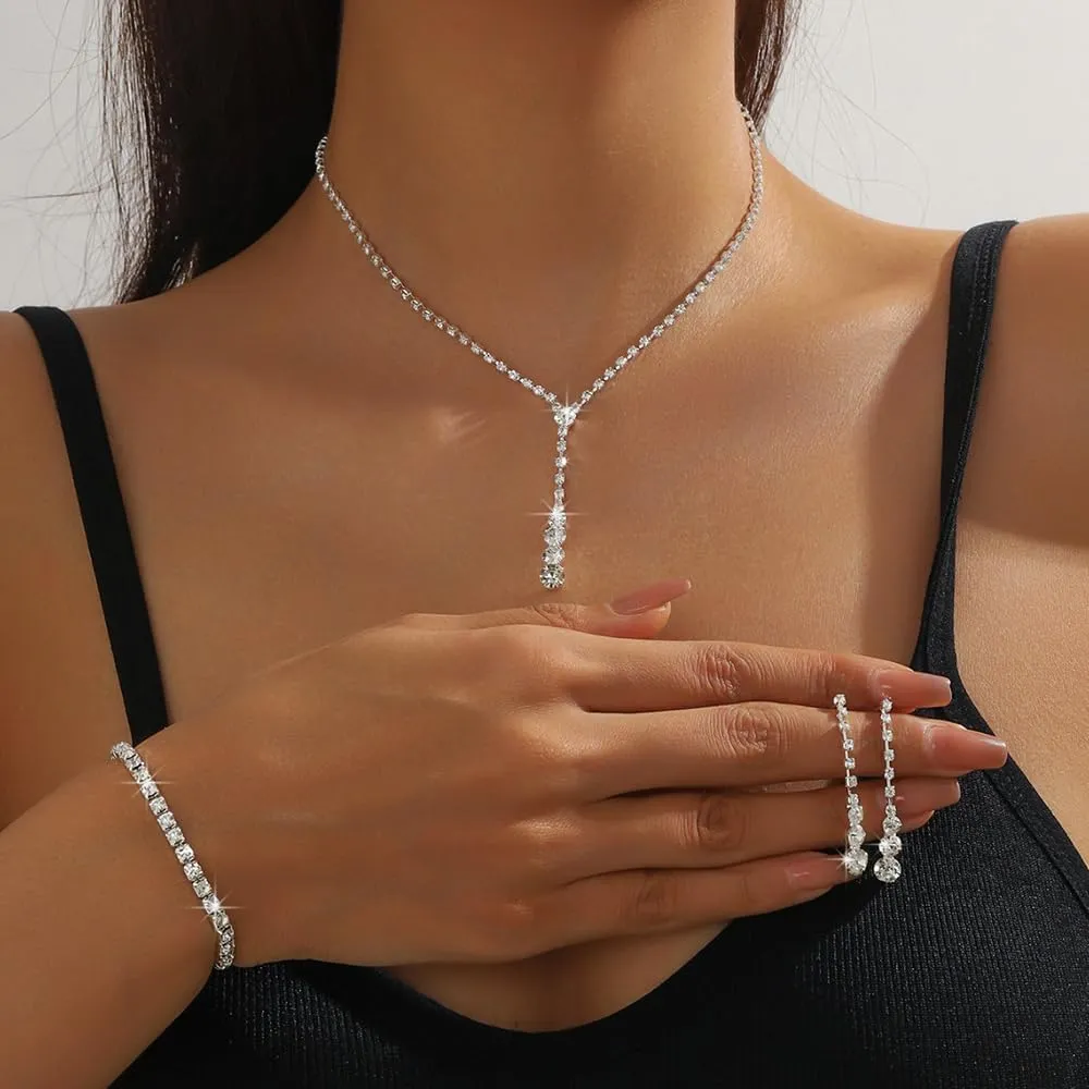 Gold Prom Jewelry Sparkly Silver Jewelry Set for Prom Rhinestone Necklace Earrings Bracelet Bridal Wedding Prom Costume Jewelry Sets for Women