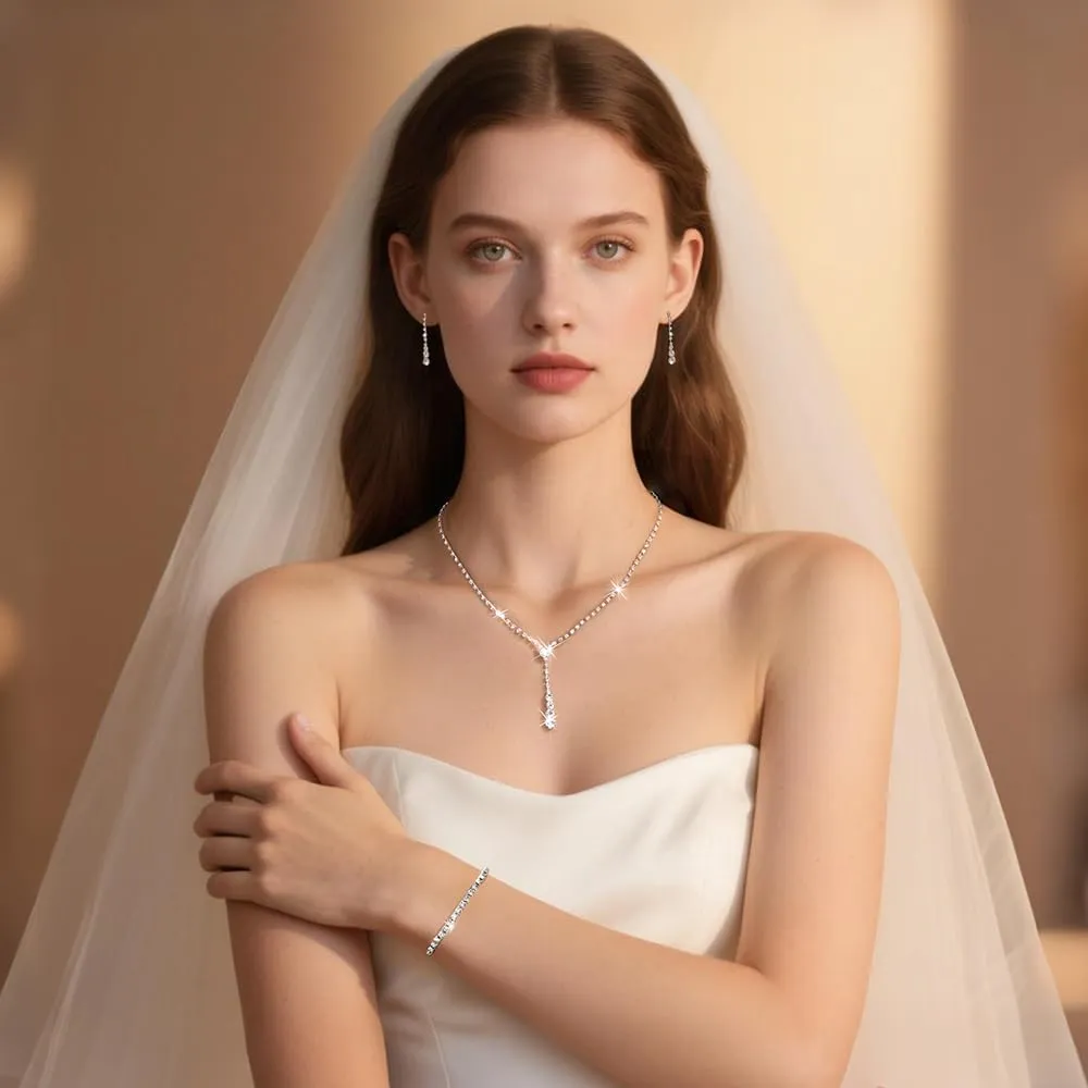 Gold Prom Jewelry Sparkly Silver Jewelry Set for Prom Rhinestone Necklace Earrings Bracelet Bridal Wedding Prom Costume Jewelry Sets for Women