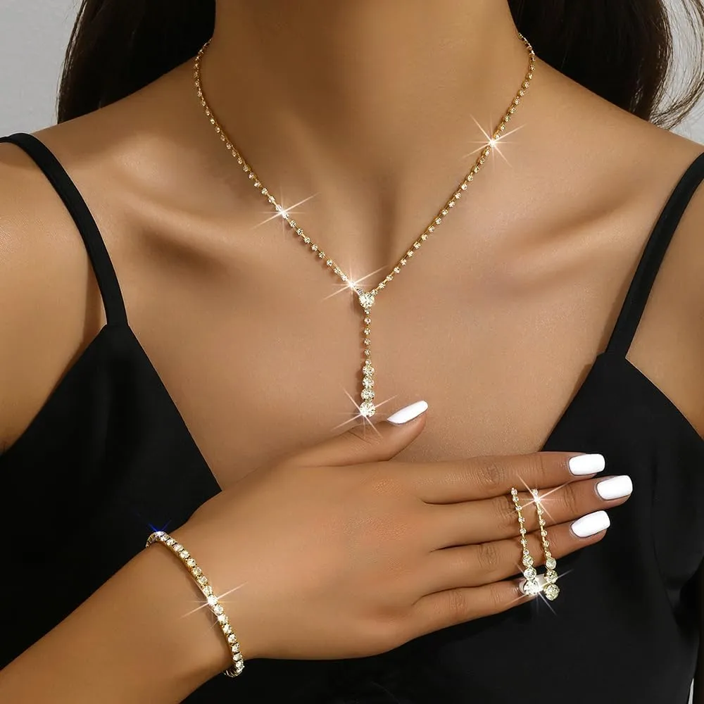 Gold Prom Jewelry Sparkly Silver Jewelry Set for Prom Rhinestone Necklace Earrings Bracelet Bridal Wedding Prom Costume Jewelry Sets for Women