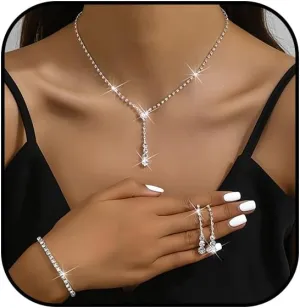 Gold Prom Jewelry Sparkly Silver Jewelry Set for Prom Rhinestone Necklace Earrings Bracelet Bridal Wedding Prom Costume Jewelry Sets for Women
