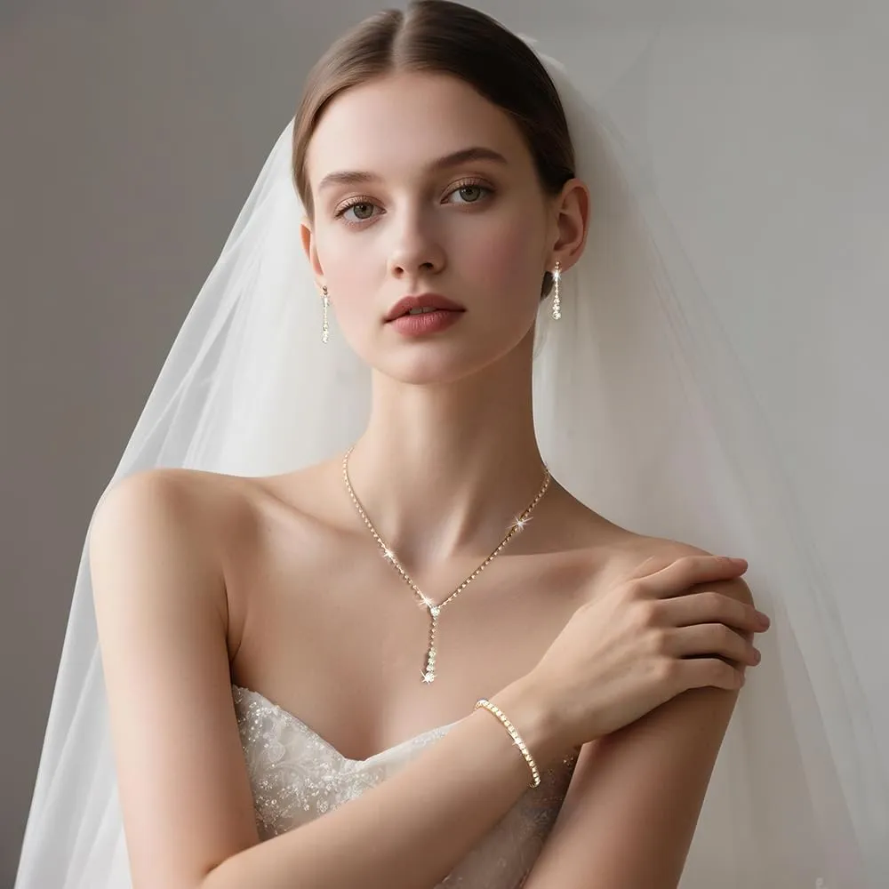 Gold Prom Jewelry Sparkly Silver Jewelry Set for Prom Rhinestone Necklace Earrings Bracelet Bridal Wedding Prom Costume Jewelry Sets for Women