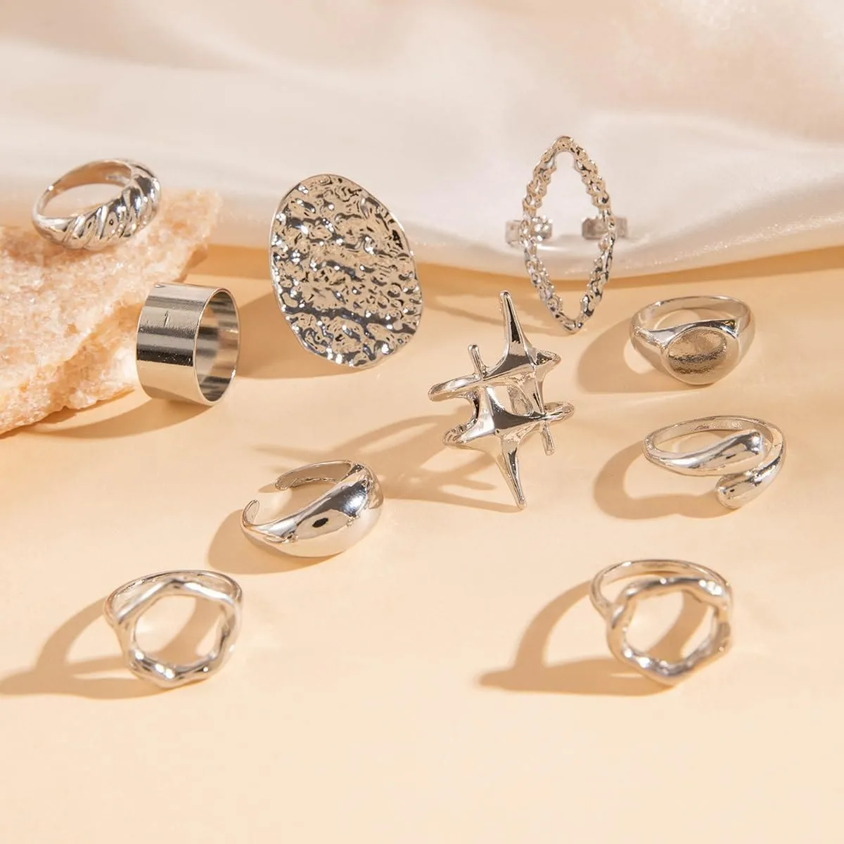 Gold Silver Rings for Women Pearl Colorful Rhinestone Waterproof Chunky Silver Ring Non Tarnish Gold Ring Set Stackable Statement Rings Adjustable Open Fashion Jewelry