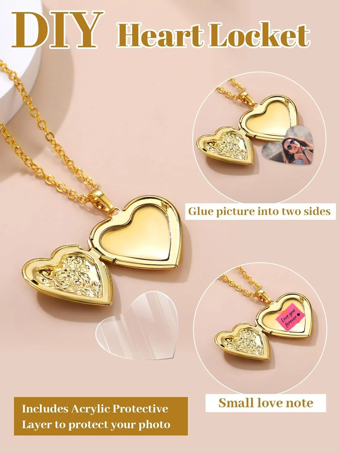 GOLDCHIC JEWELRY Heart Locket Necklace for Women, Personalized Photo Necklaces with Picture Inside, Custom Love Gifts with 18''-20 Inches Chain (Gold, Silver, Rose Gold)