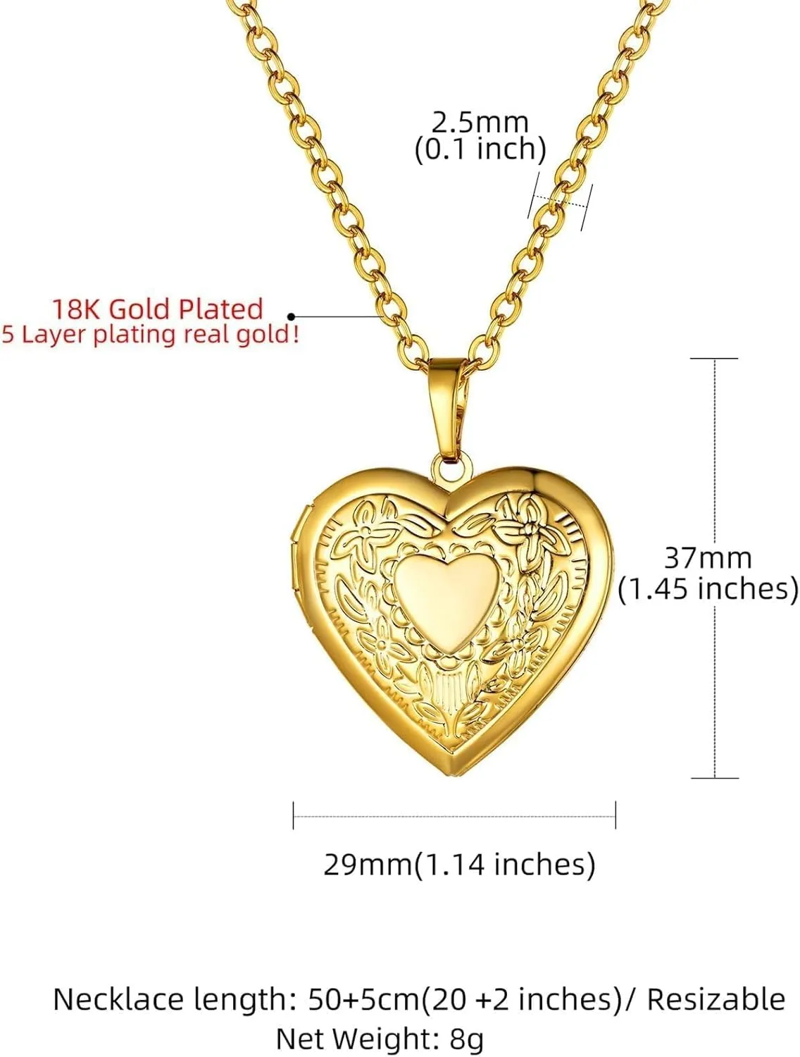 GOLDCHIC JEWELRY Heart Locket Necklace for Women, Personalized Photo Necklaces with Picture Inside, Custom Love Gifts with 18''-20 Inches Chain (Gold, Silver, Rose Gold)