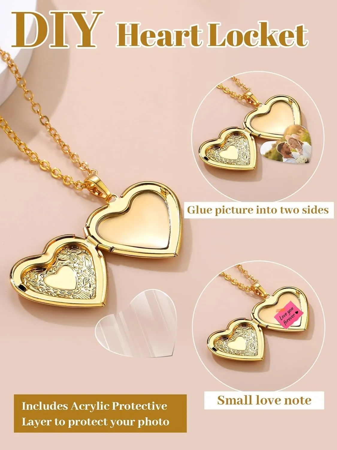 GOLDCHIC JEWELRY Heart Locket Necklace for Women, Personalized Photo Necklaces with Picture Inside, Custom Love Gifts with 18''-20 Inches Chain (Gold, Silver, Rose Gold)