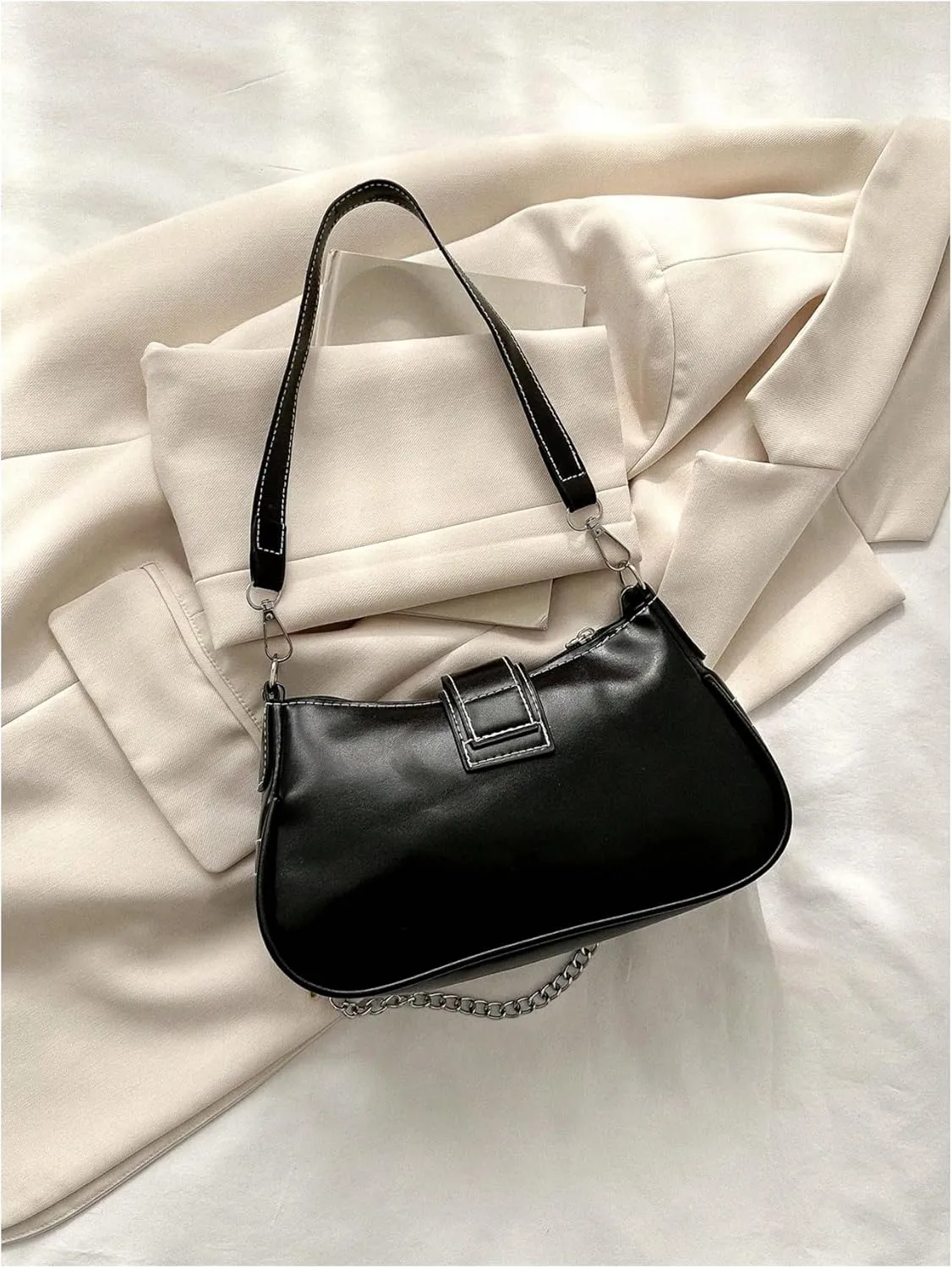 GORGLITTER Women's Buckle Shoulder Bag Y2K Chain PU Leather Clutch Shoulder Handbags
