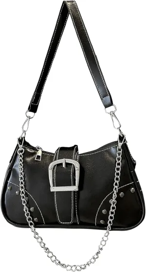 GORGLITTER Women's Buckle Shoulder Bag Y2K Chain PU Leather Clutch Shoulder Handbags