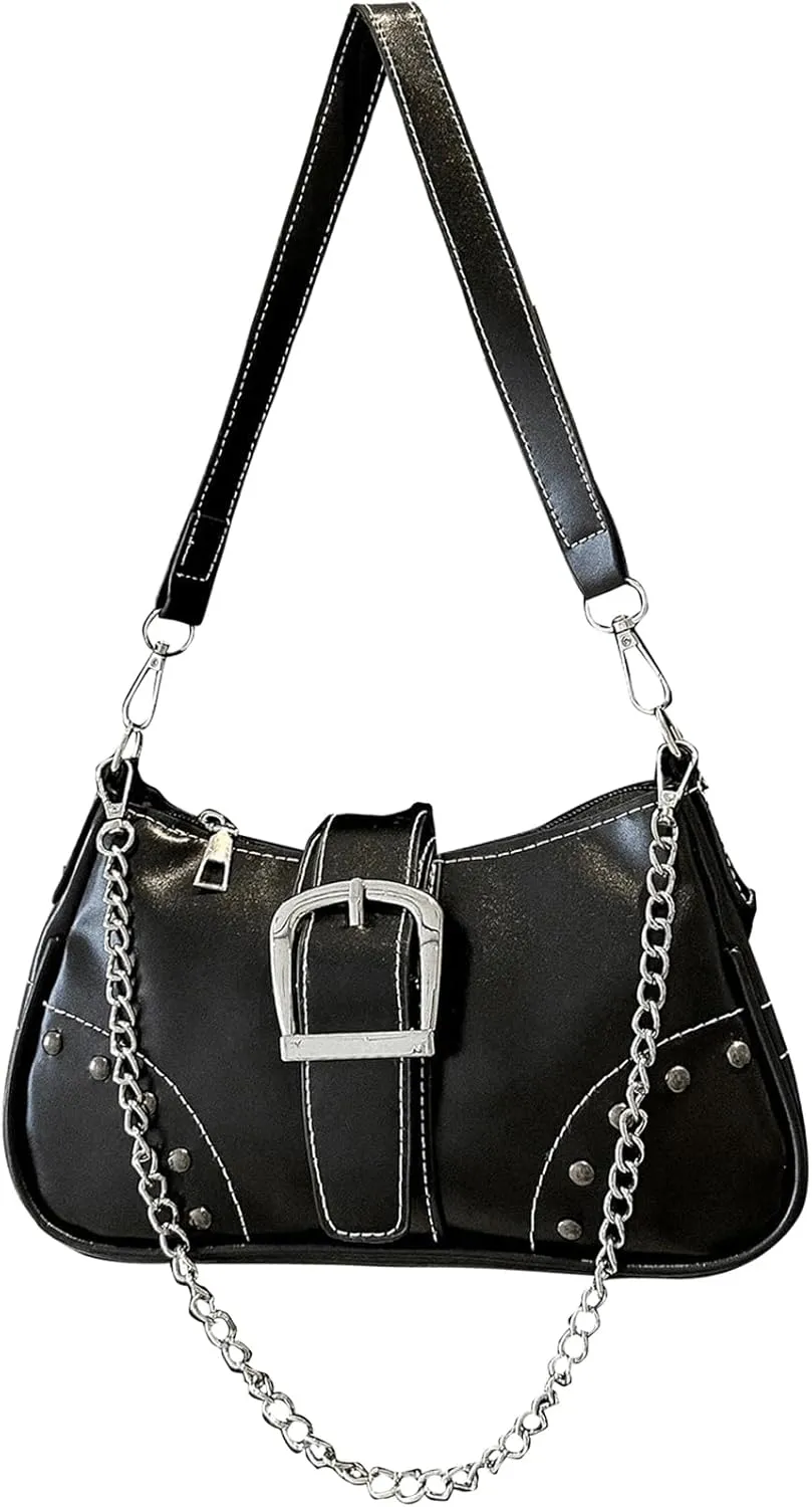 GORGLITTER Women's Buckle Shoulder Bag Y2K Chain PU Leather Clutch Shoulder Handbags