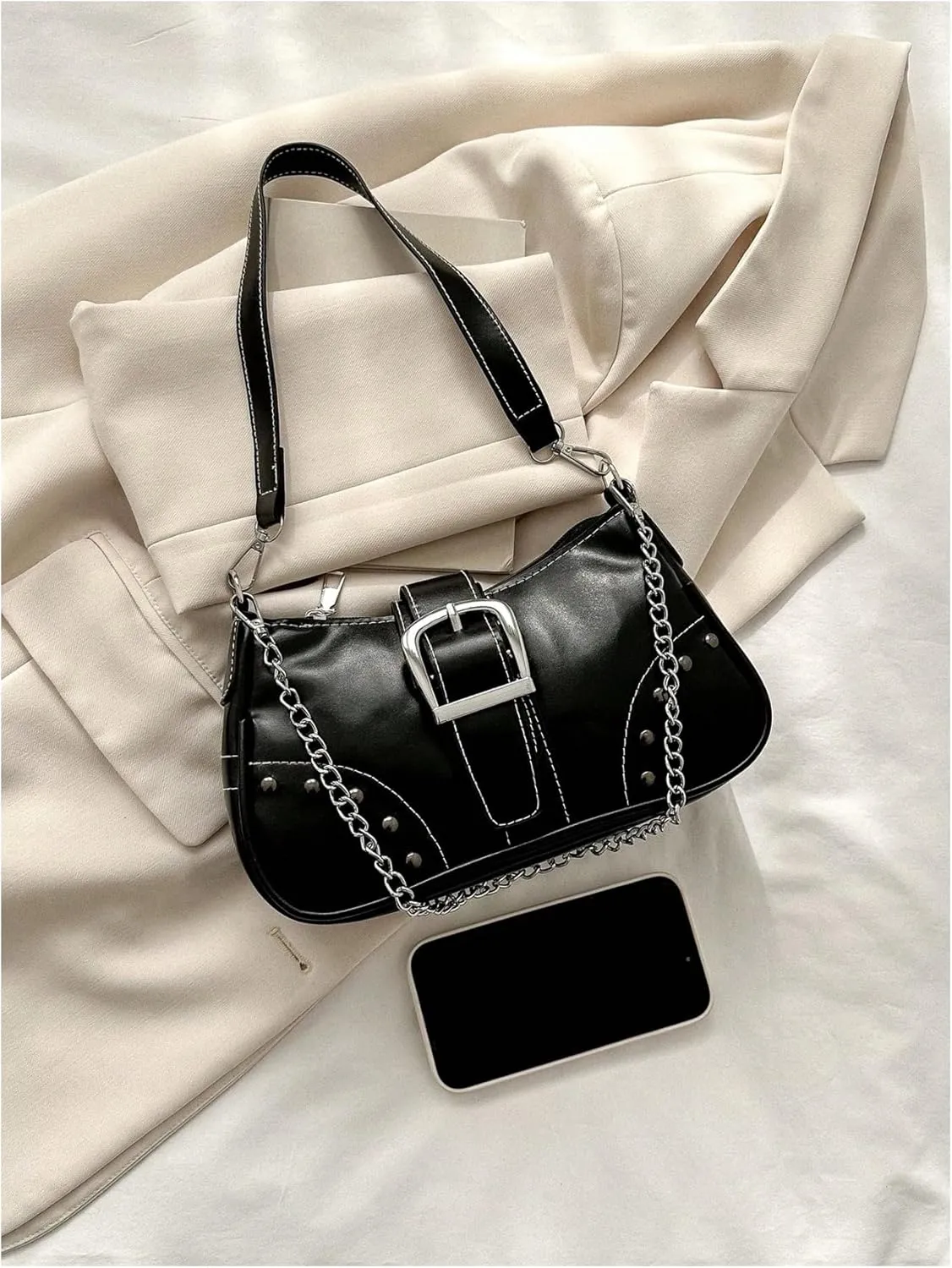 GORGLITTER Women's Buckle Shoulder Bag Y2K Chain PU Leather Clutch Shoulder Handbags