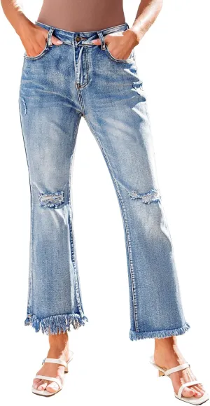 GRAPENT Flare Jeans for Women Trendy High Waisted Cropped Ripped Jeans Wide Leg Stretchy Denim Ankle Pants Raw Hem Jeans