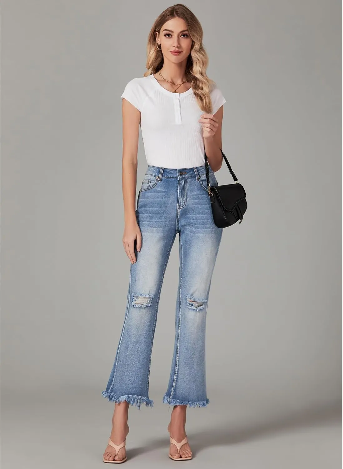 GRAPENT Flare Jeans for Women Trendy High Waisted Cropped Ripped Jeans Wide Leg Stretchy Denim Ankle Pants Raw Hem Jeans