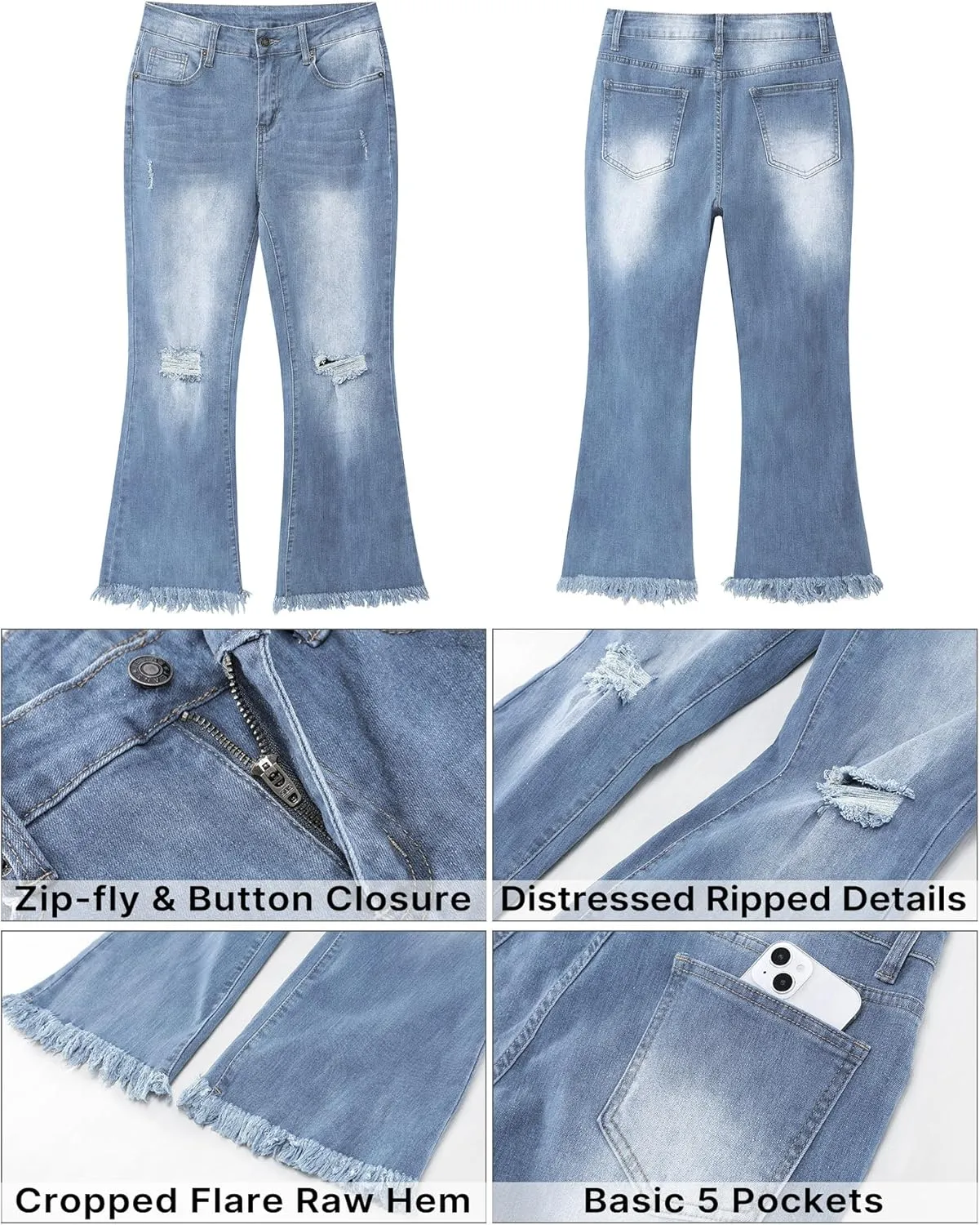 GRAPENT Flare Jeans for Women Trendy High Waisted Cropped Ripped Jeans Wide Leg Stretchy Denim Ankle Pants Raw Hem Jeans