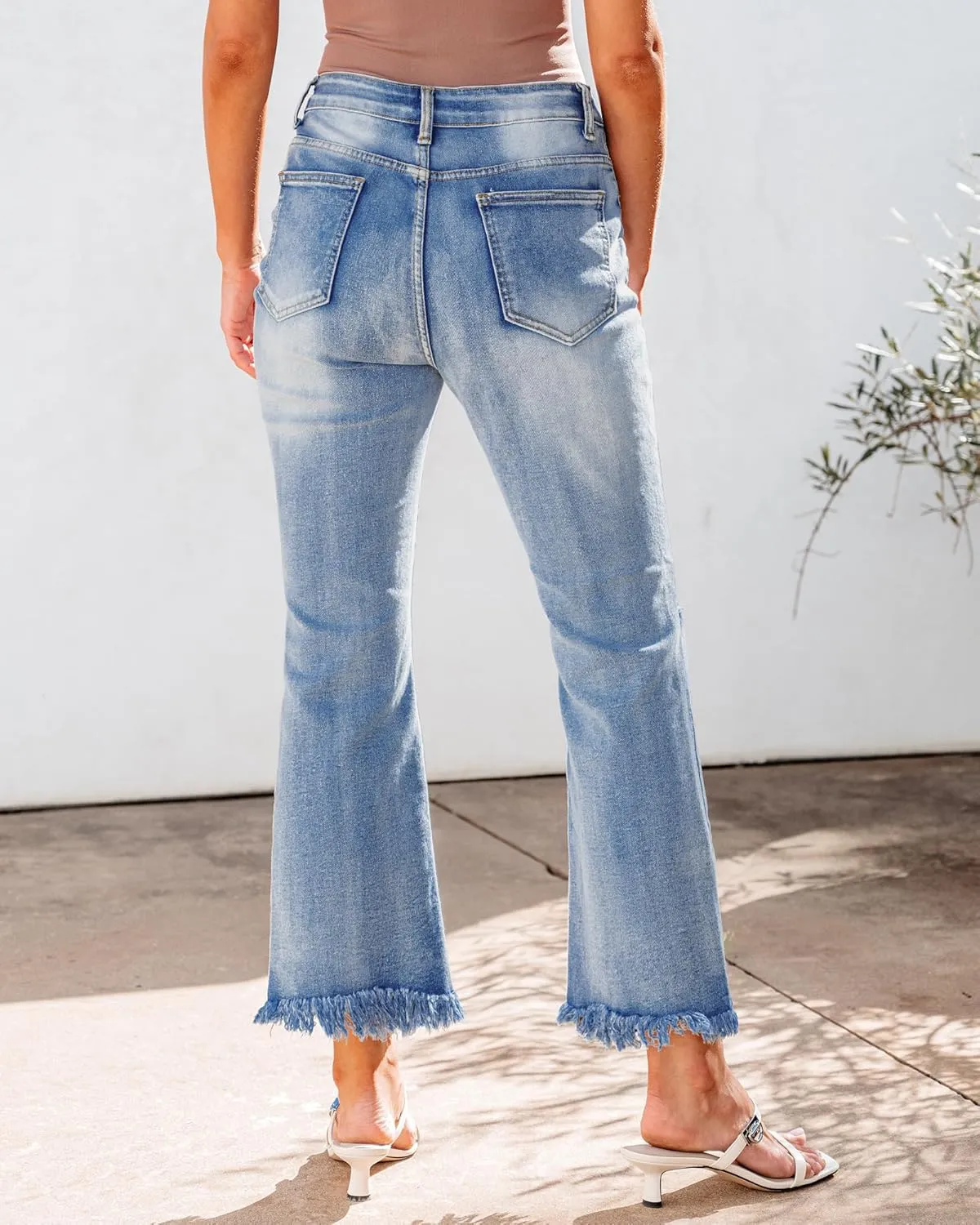 GRAPENT Flare Jeans for Women Trendy High Waisted Cropped Ripped Jeans Wide Leg Stretchy Denim Ankle Pants Raw Hem Jeans