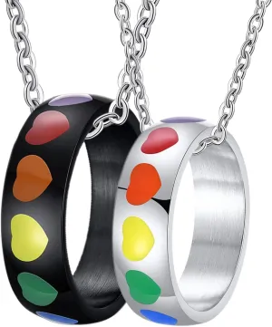 Gualiy His and Her Stainless Steel Necklaces, Matching Couples Ring Necklaces LGBT Ring with Rainbow Heart Enamel Necklace