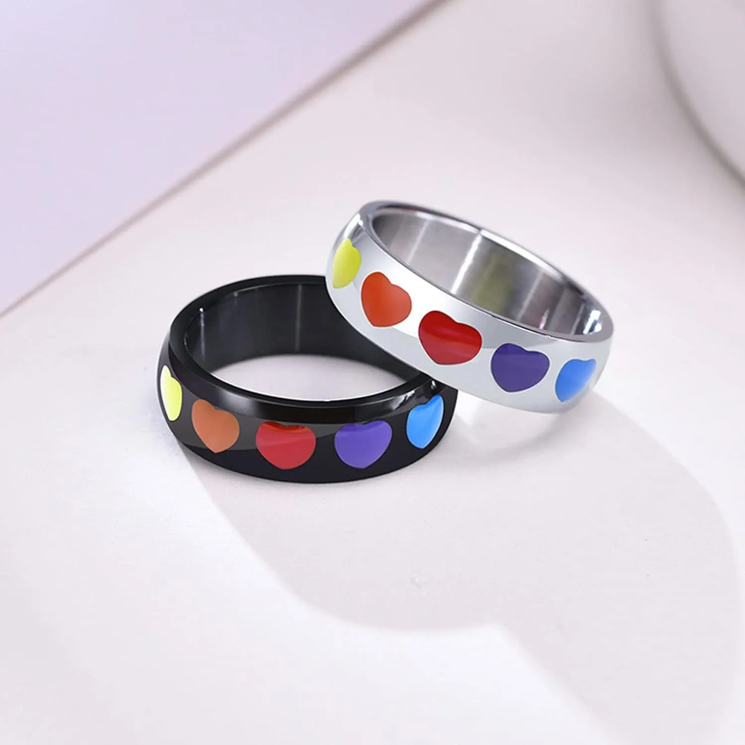Gualiy His and Her Stainless Steel Necklaces, Matching Couples Ring Necklaces LGBT Ring with Rainbow Heart Enamel Necklace