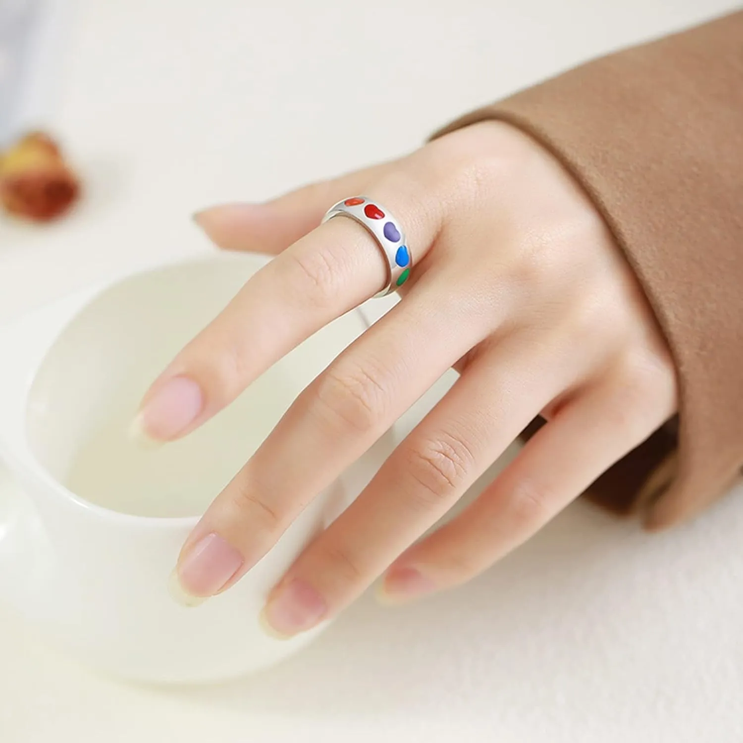 Gualiy His and Her Stainless Steel Necklaces, Matching Couples Ring Necklaces LGBT Ring with Rainbow Heart Enamel Necklace