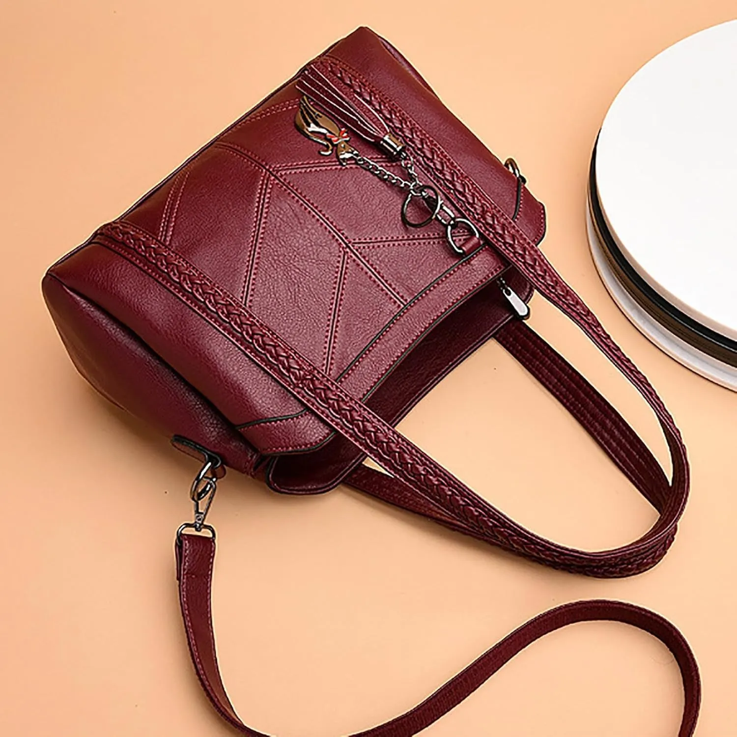 Handbags for Womens Cat Pendant PU Leather Textured Tote Bag Purse Adjustable Strap Crossbody Zipper Satchel Bags