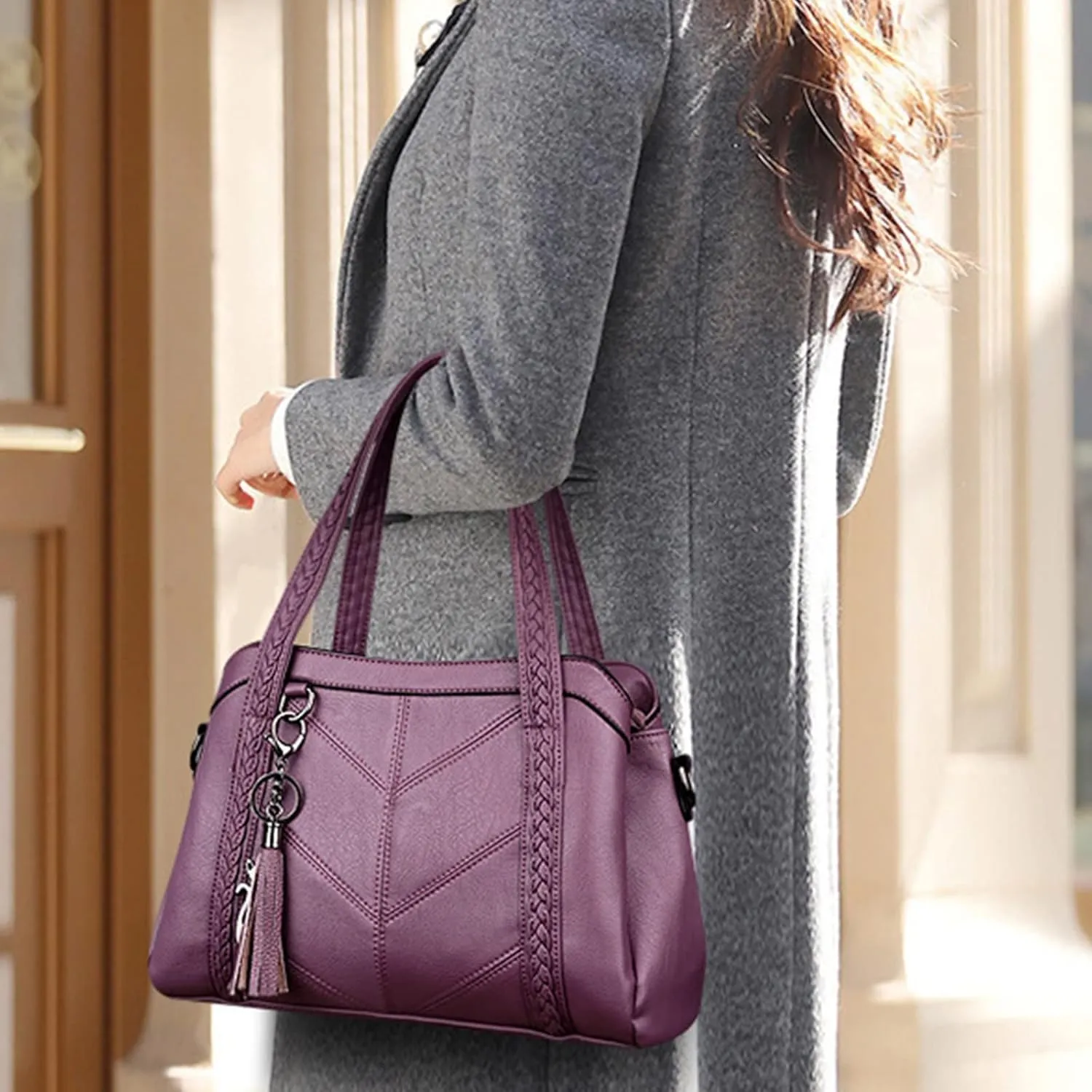 Handbags for Womens Cat Pendant PU Leather Textured Tote Bag Purse Adjustable Strap Crossbody Zipper Satchel Bags