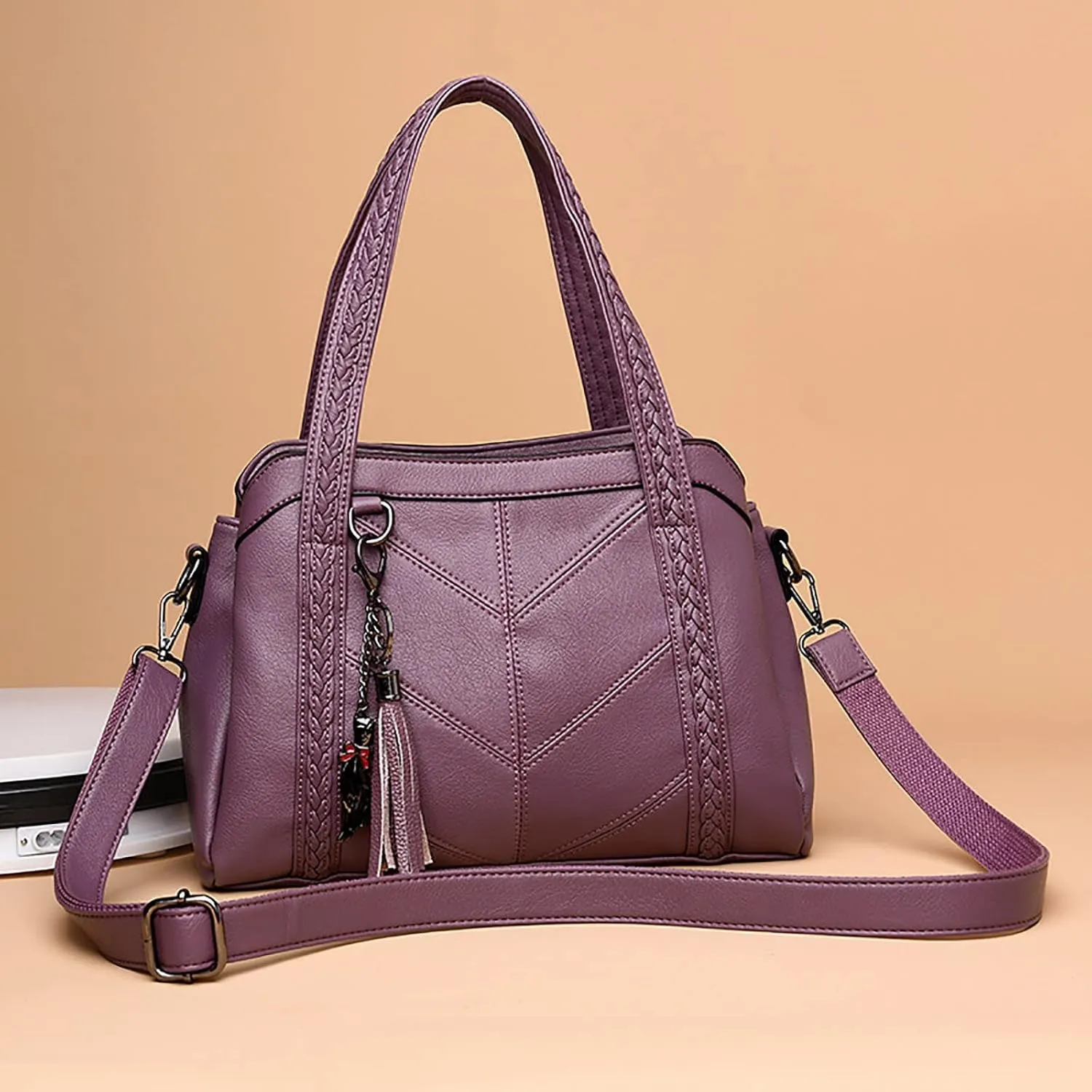 Handbags for Womens Cat Pendant PU Leather Textured Tote Bag Purse Adjustable Strap Crossbody Zipper Satchel Bags