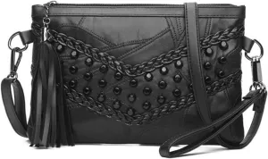 Handbags Shoulder Bags Vintage Rivet Envelope Shoulder Bag Women's Small (Black 24x3x17cm)