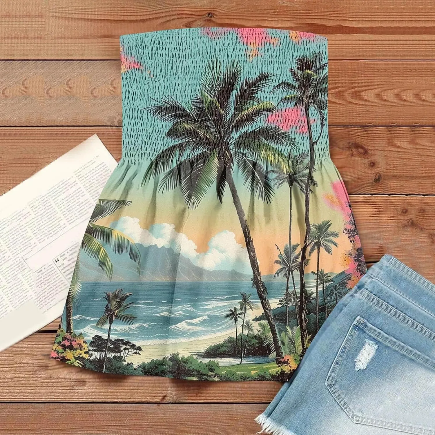 Hawaiian Print Tube Summer Tops Women Elastic Trim Strapless Vintage Blouse Multicolour Off The Shoulder Tees