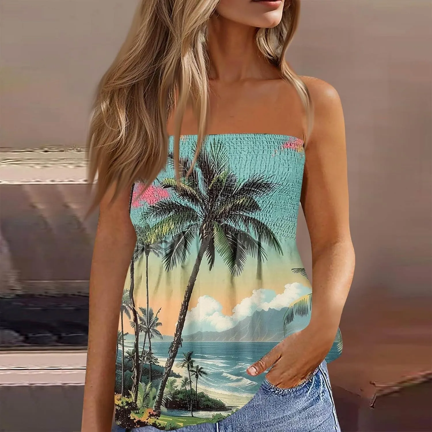 Hawaiian Print Tube Summer Tops Women Elastic Trim Strapless Vintage Blouse Multicolour Off The Shoulder Tees