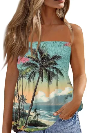 Hawaiian Print Tube Summer Tops Women Elastic Trim Strapless Vintage Blouse Multicolour Off The Shoulder Tees