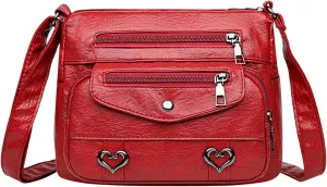 Heart Decor Crossbody Bag Solid Vintage PU Leather Shoulder Bag Versatile Women Sturdy Sling Messenger (Red, One Size)
